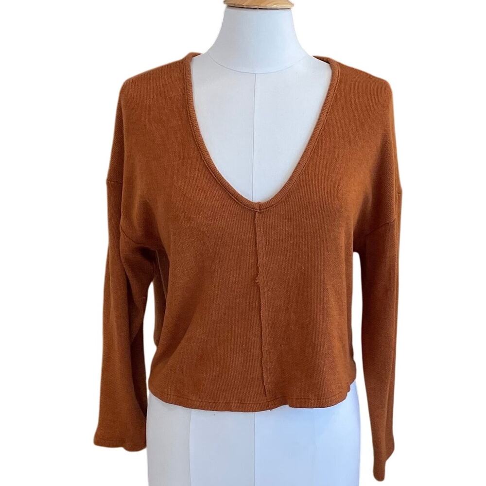 Altar'd State Caramel Brown Long Sleeve Drop Shoulder V-Neck Sweater, Size M